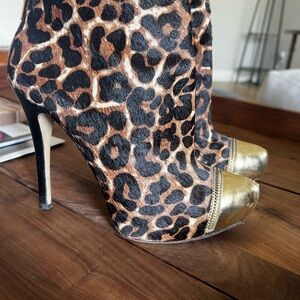 Leopard Print Stiletto Ankle Boots with Gold Accents